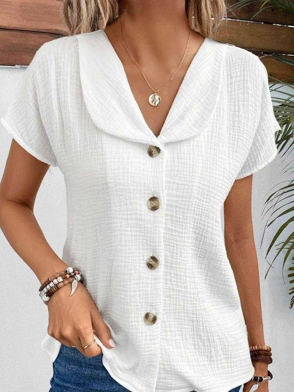 Solid Color Fashion Short Sleeve Cardigan Button Women's Top