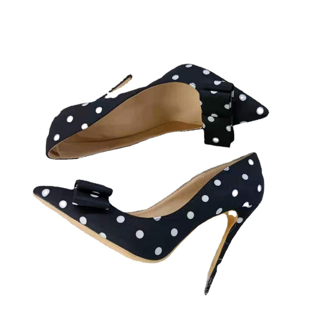 Black Satin Polka-dot High-heeled Shoes Female  Stiletto Pointed Shallow Mouth Single Shoes