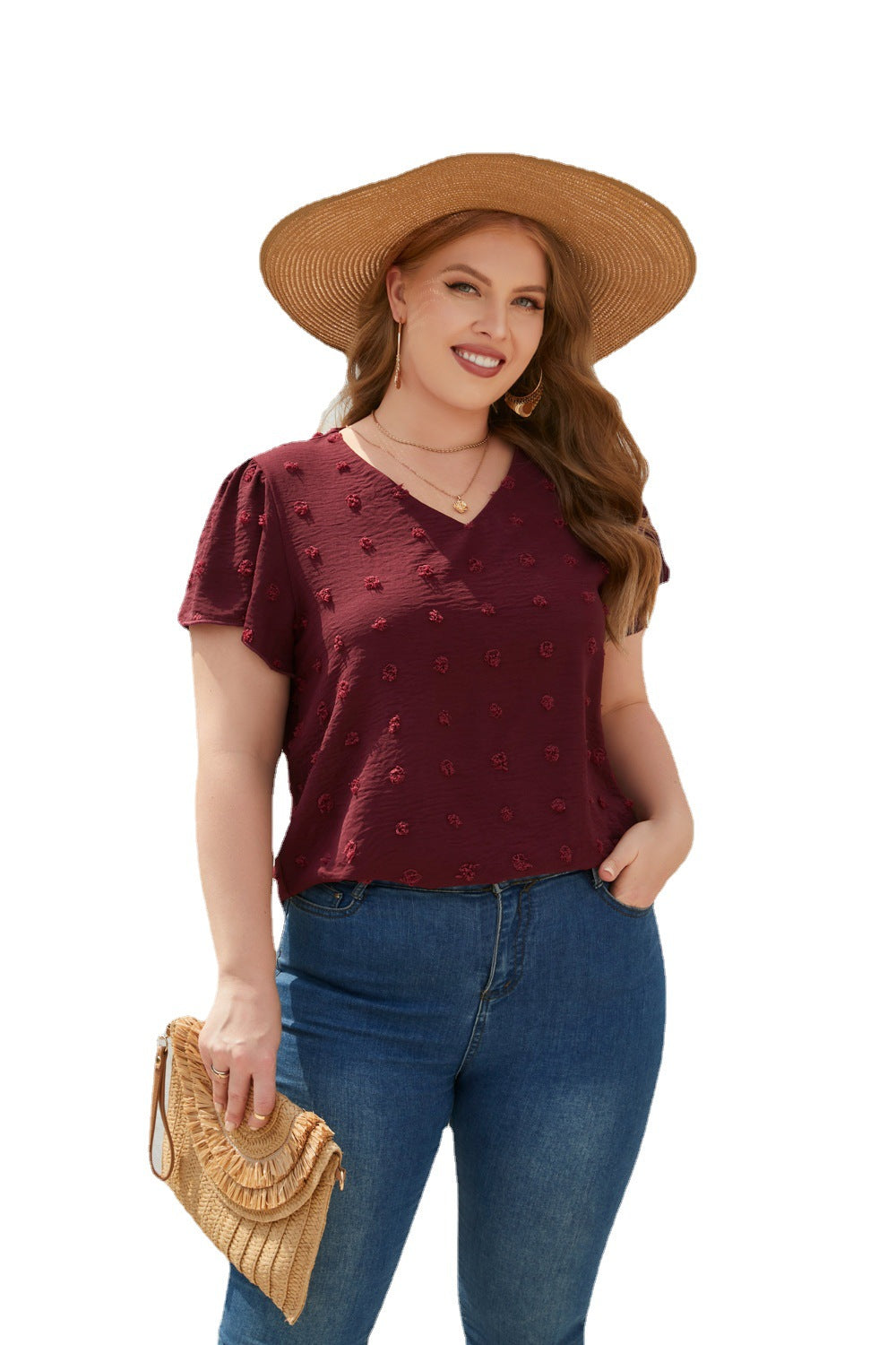 Women's V-neck Fur Ball Short Sleeve Commuter Plus Size Top