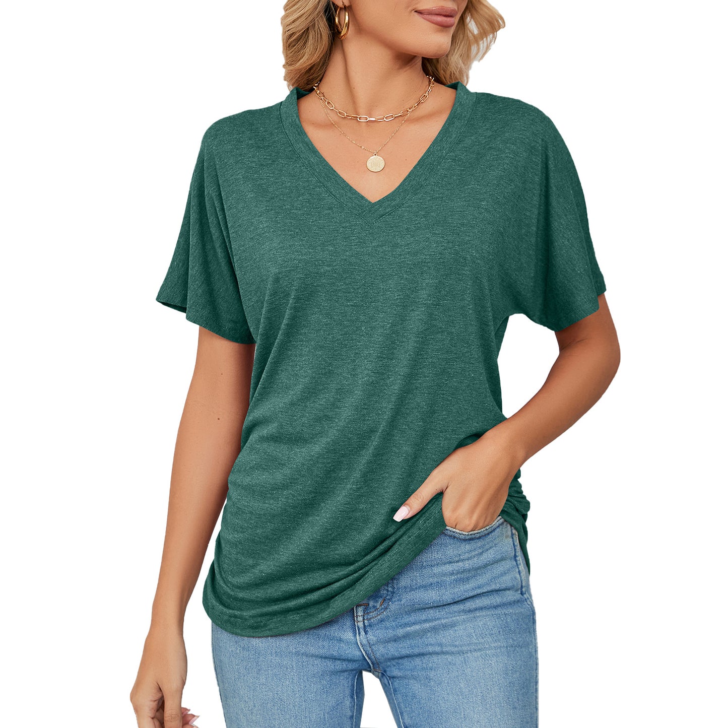 Leisure Pullover V-neck Solid Color Loose T-shirt Women's Top