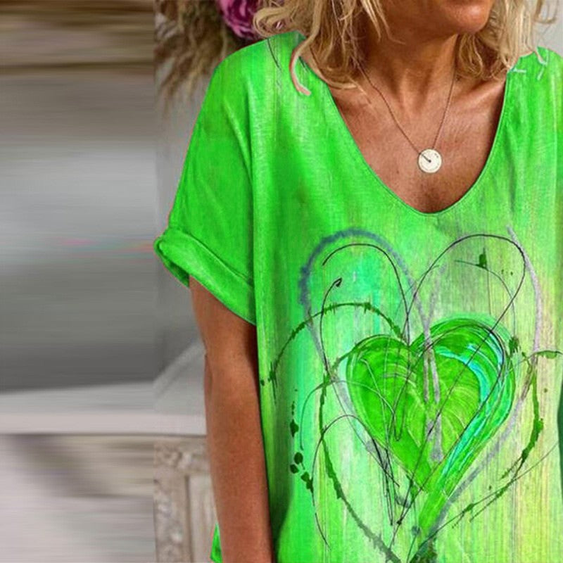 Graffiti Heart Print Loose Casual Short Sleeve T-Shirt