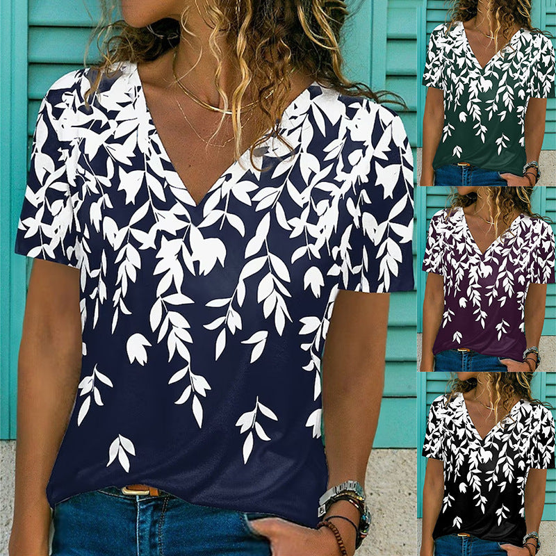 Printed Short Sleeved V-neck Loose Fitting Women's Style