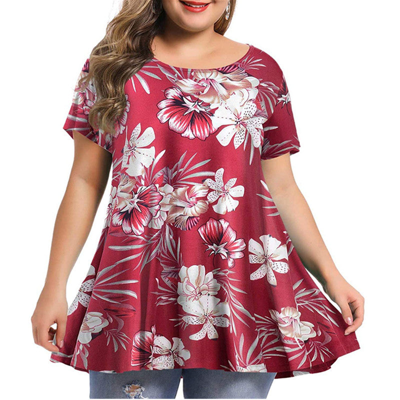 Women's New Fashion Round Neck Printing Large Size Short Sleeves