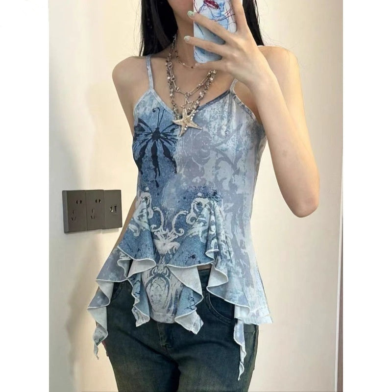 Pure Desire Style V-neck Small Sling Vest Female Hot Girl Ruffled Slim Top