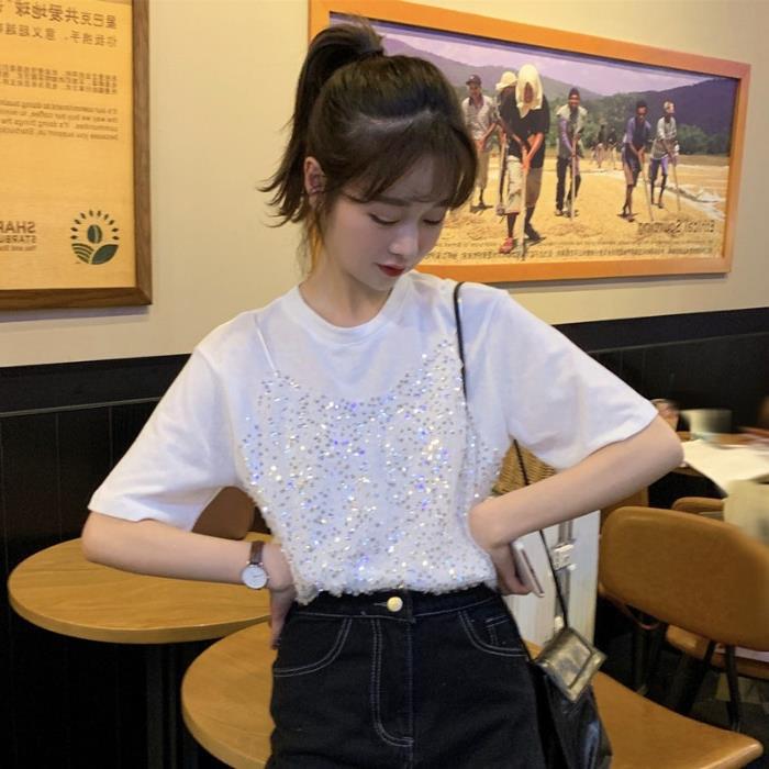 Sequined Korean-style Short-sleeved T-shirt False Two-piece Patchwork Loose All-matching Top