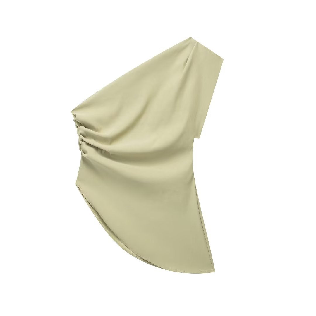 European And American Style Diagonal Collar Single Shoulder Solid Color Pleated Asymmetric