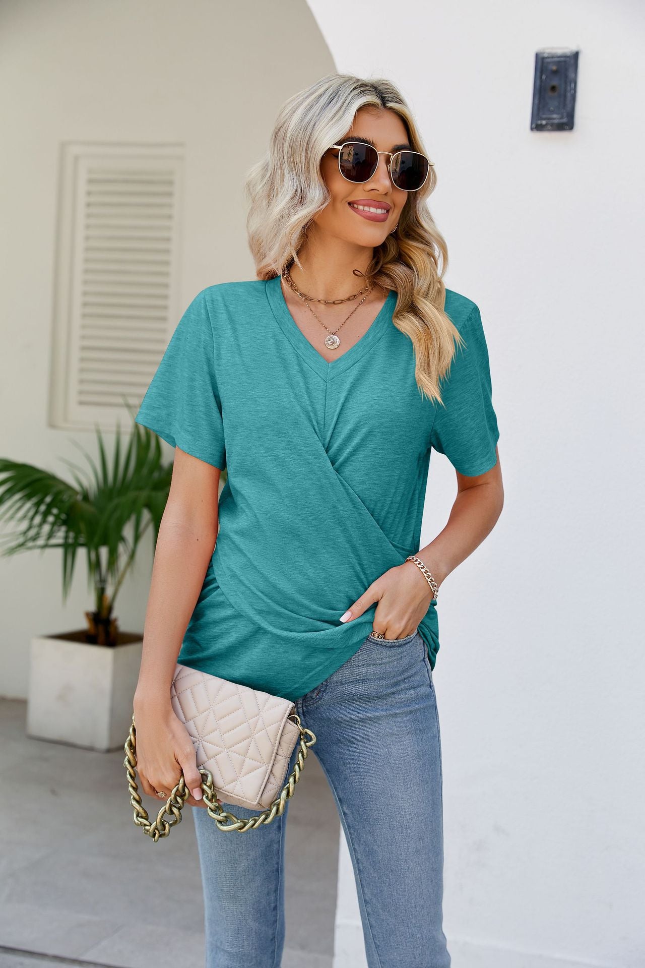 Summer Women's Twisted Top V-neck Casual Short-sleeved T-shirt