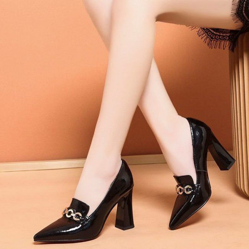 Fashion Leather All-match Thick Heel High Female Pointed Toe Shoes