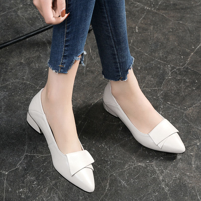 New Pointed Shallow Mouth Low Heel Soft Leather Thick Heel Single Shoes Female Large Size Women's Shoes