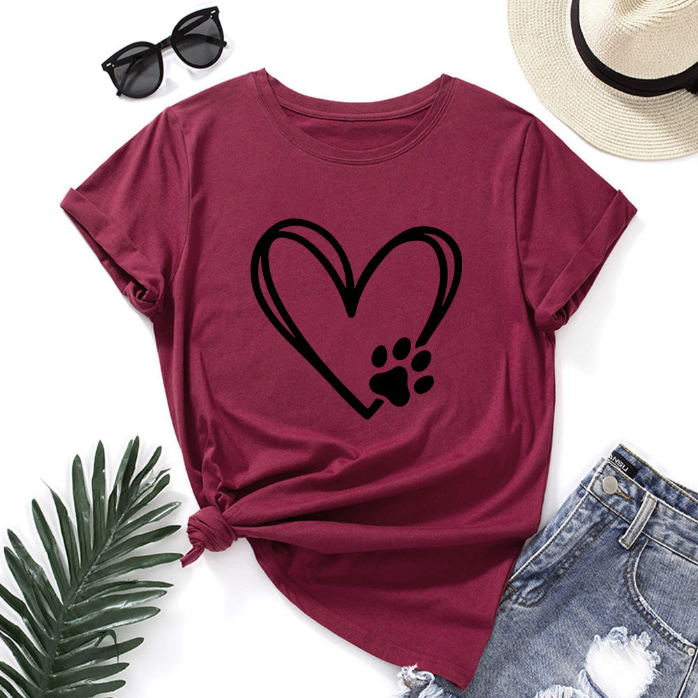 Women's Loose Round Neck Short Sleeve T-shirt With Heart-shaped Palm Print