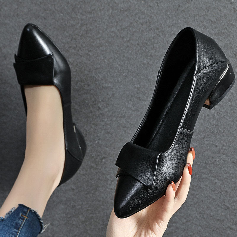 New Pointed Shallow Mouth Low Heel Soft Leather Thick Heel Single Shoes Female Large Size Women's Shoes