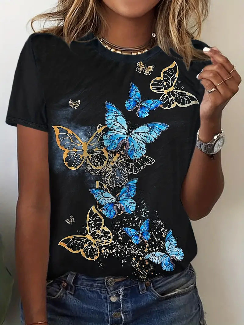 European And American Ladies Tie-dye T-shirt Butterfly Print Garden Collar