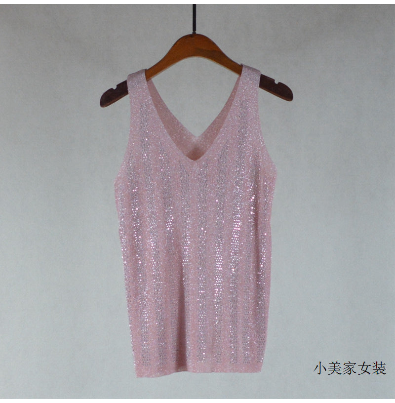 Ice Silk Silver String V-neck Knitted Vest