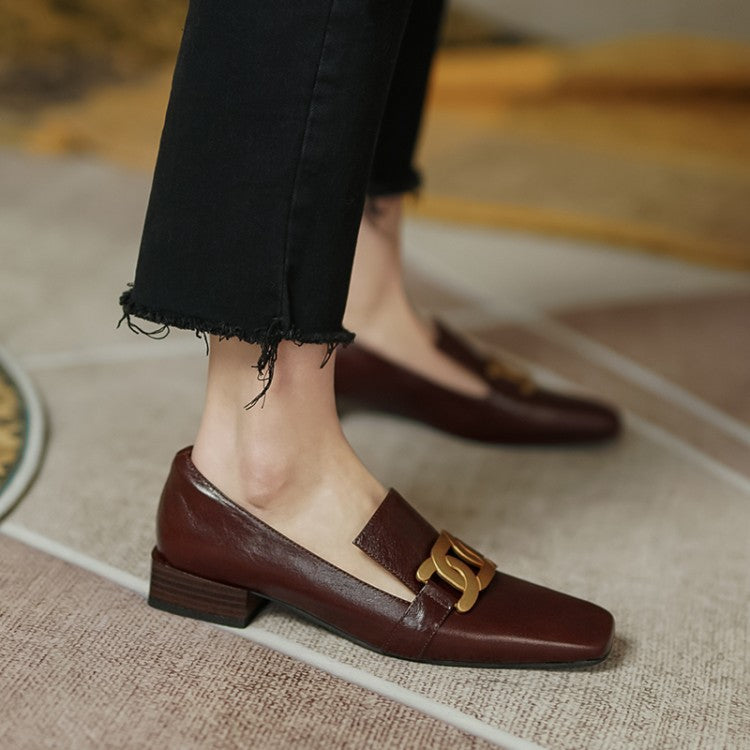 Female Square Toe Low Heel Retro Brown Leather Shoes