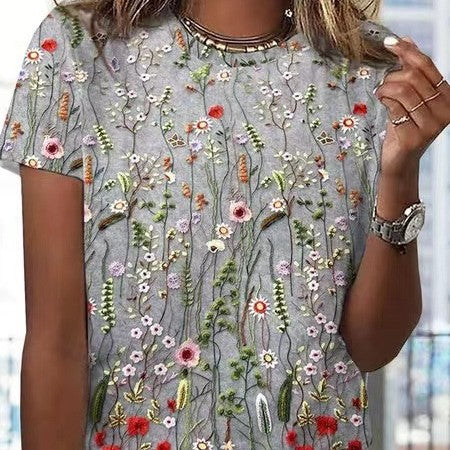 European And American Loose Round Neck Short Sleeve Floral Printed T-shirt