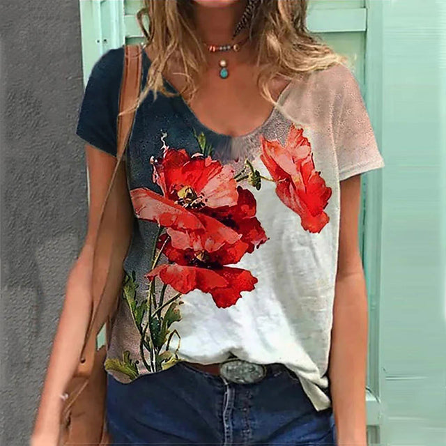 Fashion Ladies T-Shirt Flower Pattern Printing