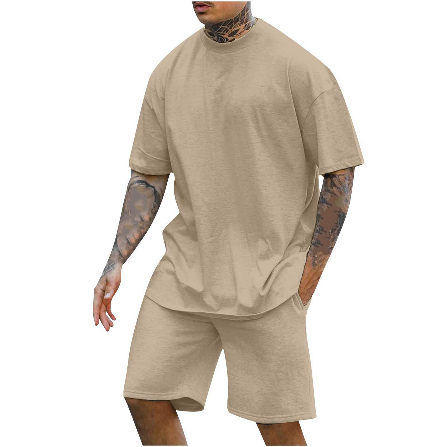 New Men's Round Neck Drop Shoulder Short Sleeve T-shirt Top Shorts Two-piece Set