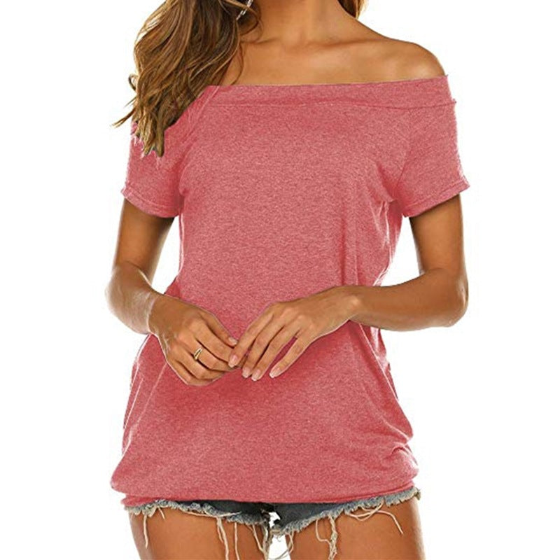 Women's Pullover Solid Color Short Sleeve Off-the-shoulder Loose-fitting Casual T-shirt