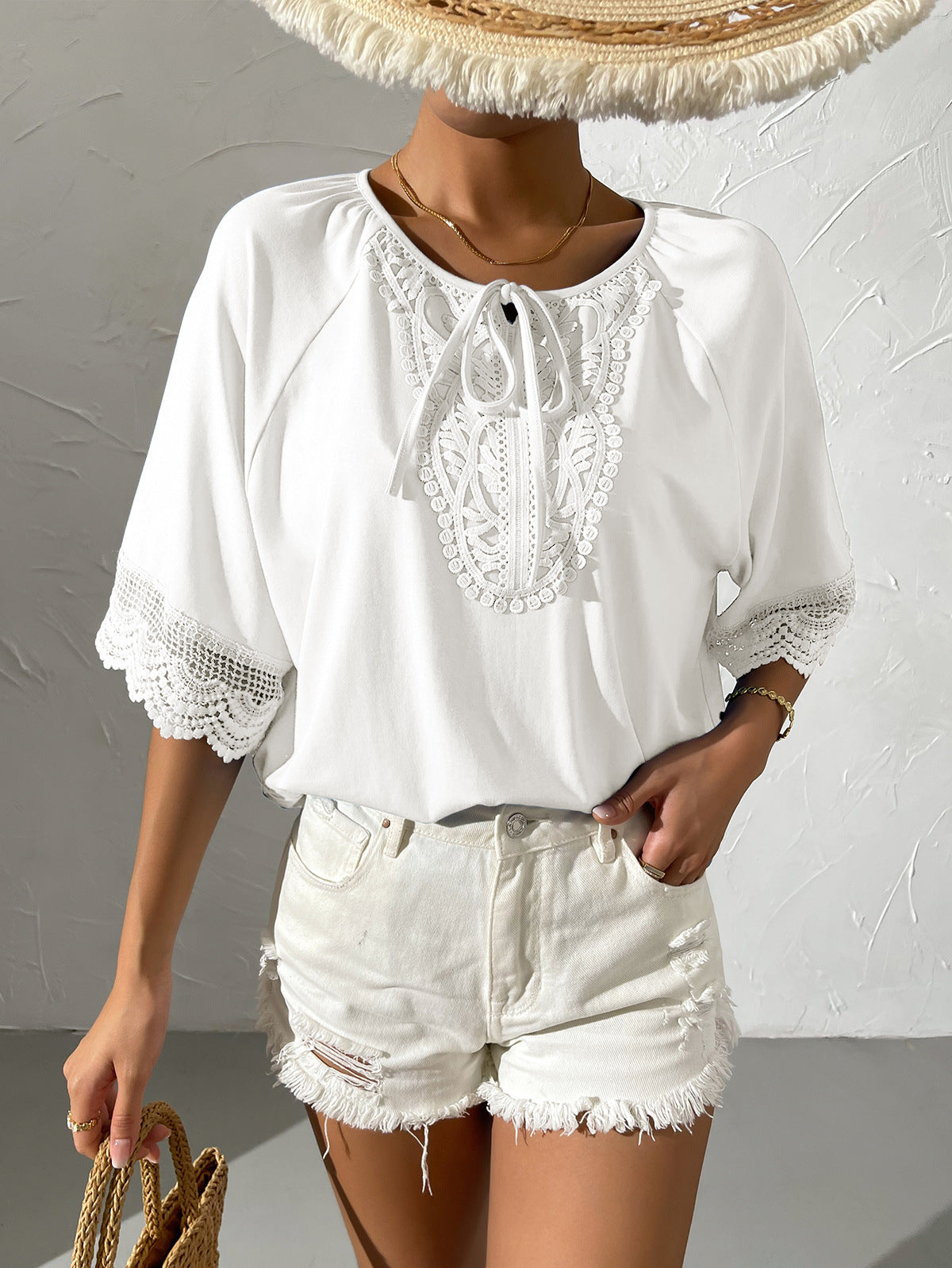 Ethnic Wind Tie Collar Lace Stitching Loose Short Sleeve