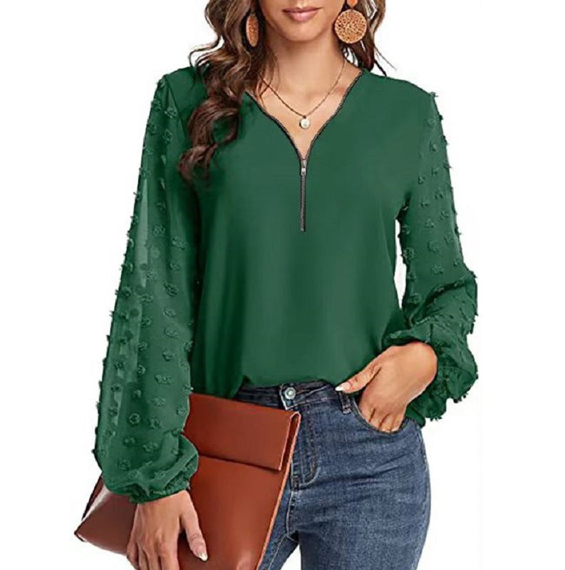 Women's V-neck Chiffon Shirt With Long Sleeve Stitching