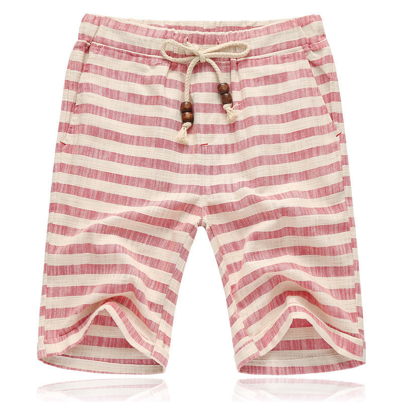 Men's Mixed Color Stripe Cotton Linen Cropped Casual Shorts