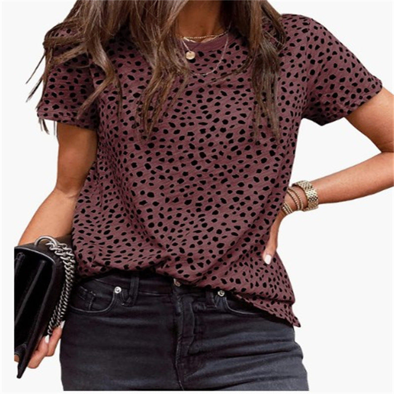 Leopard Dot Short Sleeved Round Neck Pullover Loose And Casual