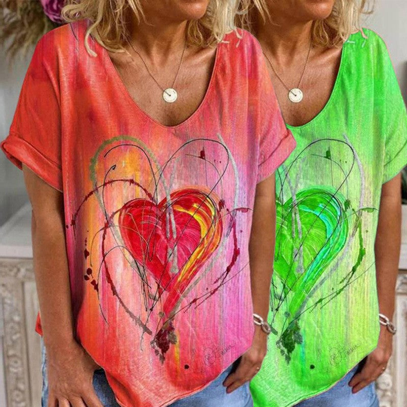 Graffiti Heart Print Loose Casual Short Sleeve T-Shirt