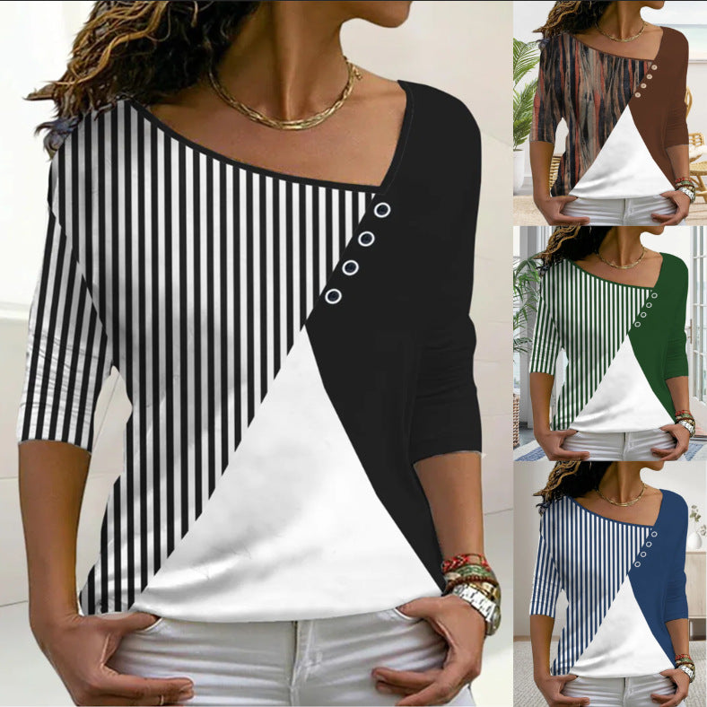 V Neck Contrast Printed Loose Top T Shirt