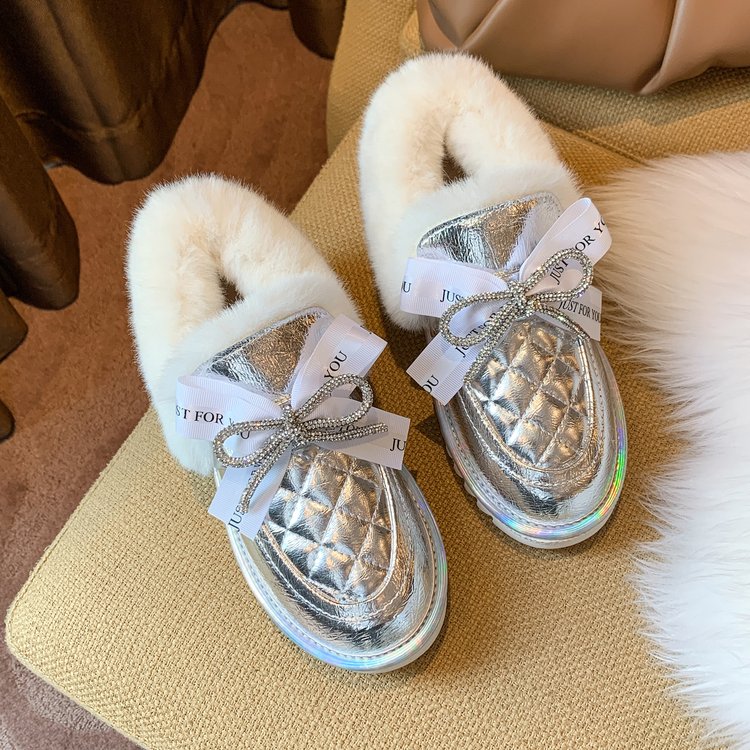 Bow Fluffy Shoes Female Glossy Low-top Snow Boots