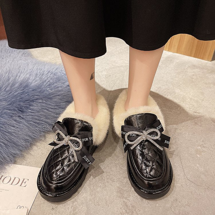 Bow Fluffy Shoes Female Glossy Low-top Snow Boots