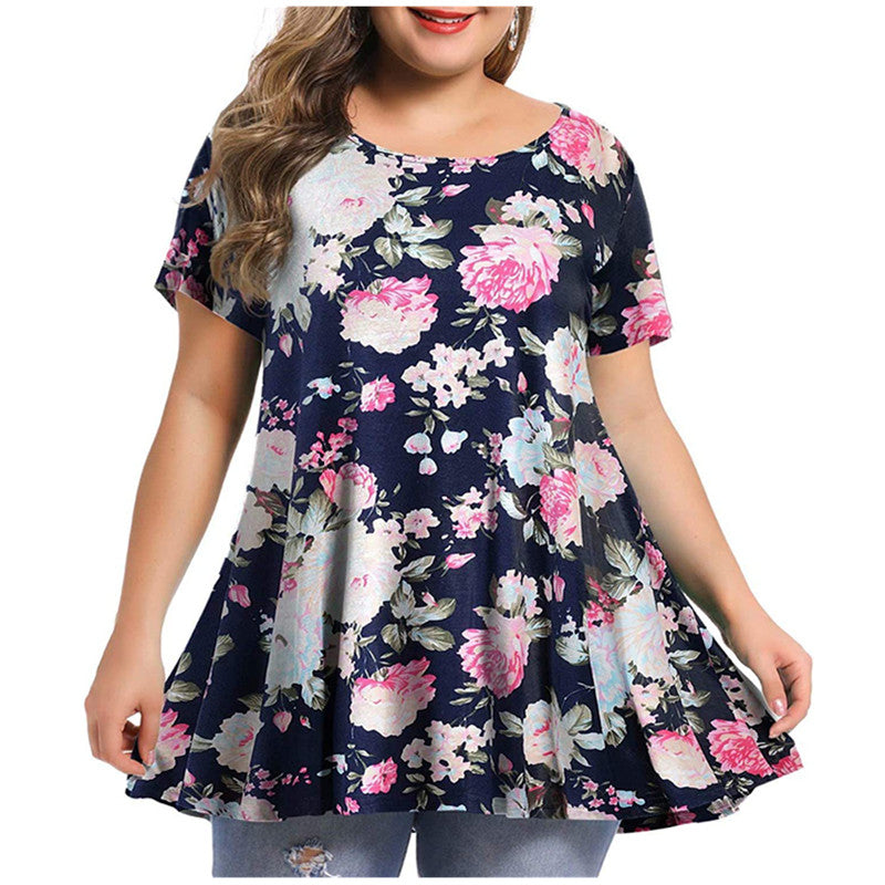 Women's New Fashion Round Neck Printing Large Size Short Sleeves