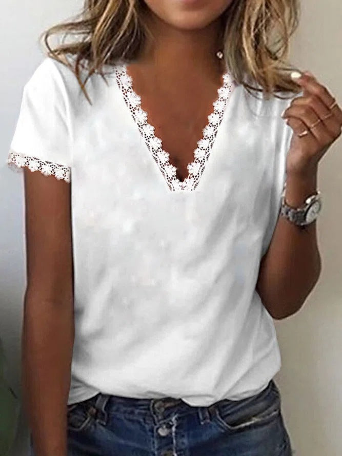 Solid Color Ethnic Loose Lace Polyester Women's T-Shirt