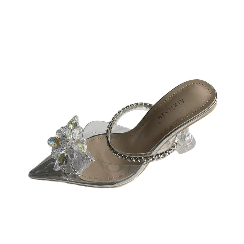 Transparent Female Baotou Shoes With Rhinestone Buckle