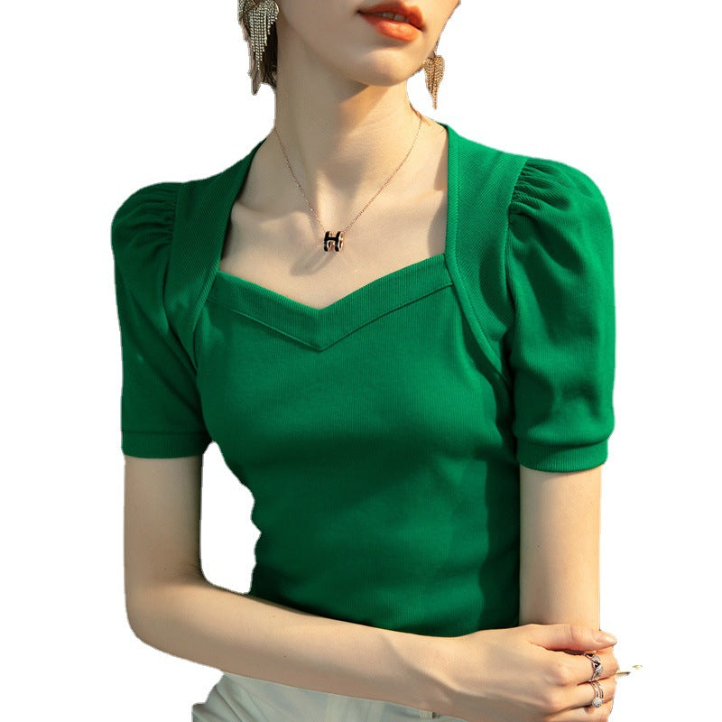 Diamond Collar Short Sleeve T-shirt Women's Solid Color Puff Sleeve Top