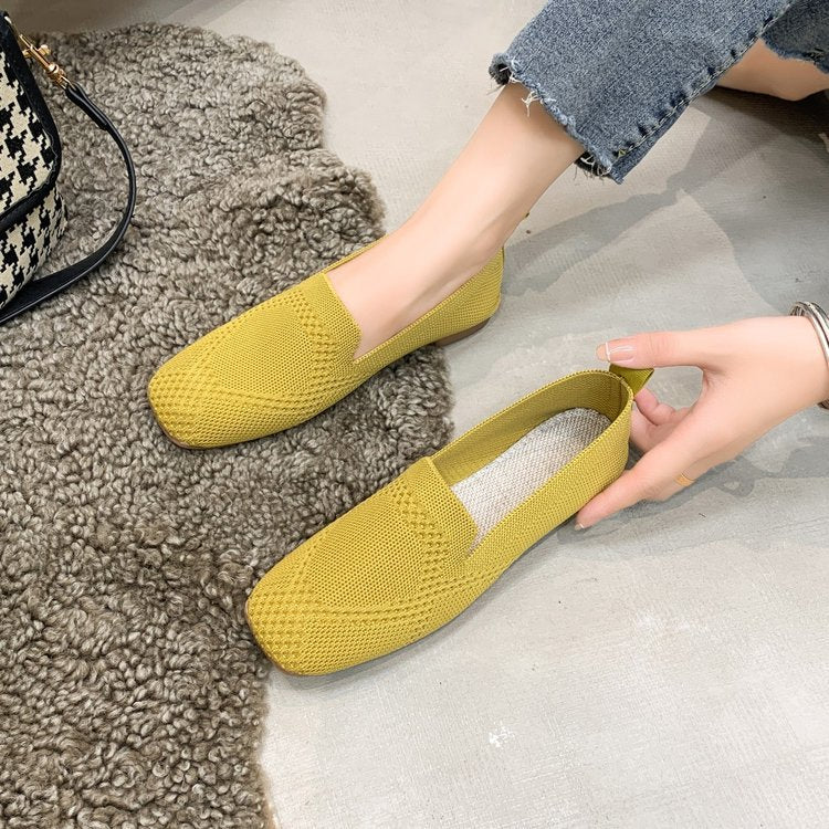 Square Toe Flat Bottom Flying Woven Pumps Female Slip-on Casual Shoes