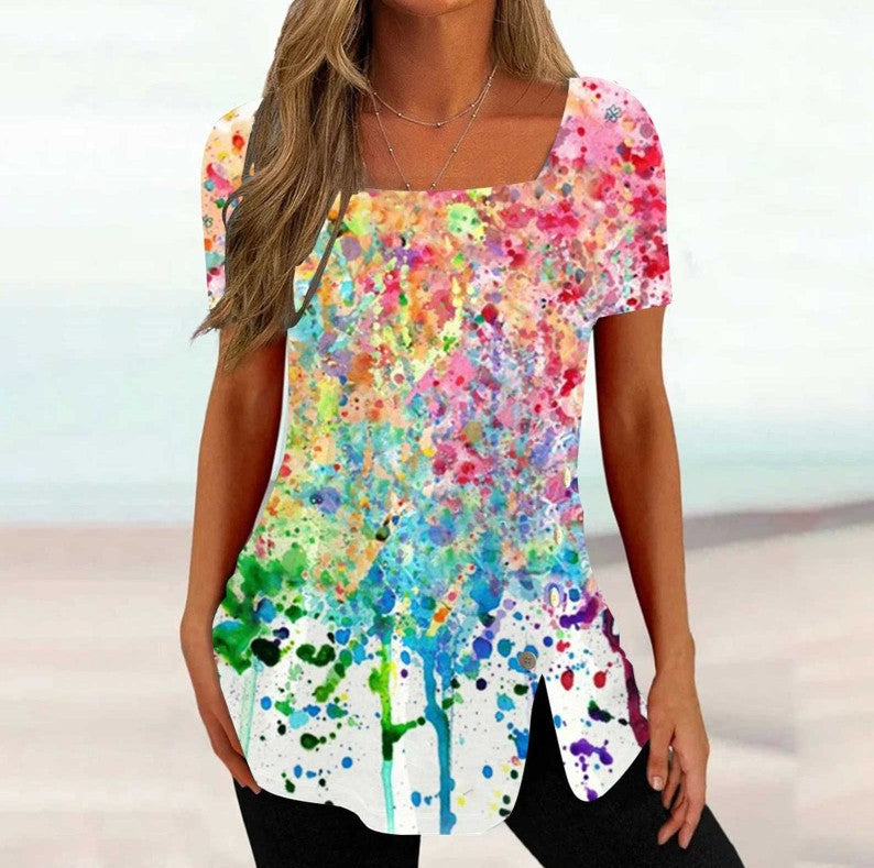 Cross-border New Print Short Sleeve Irregular Button Split Printed Women's T-shirt