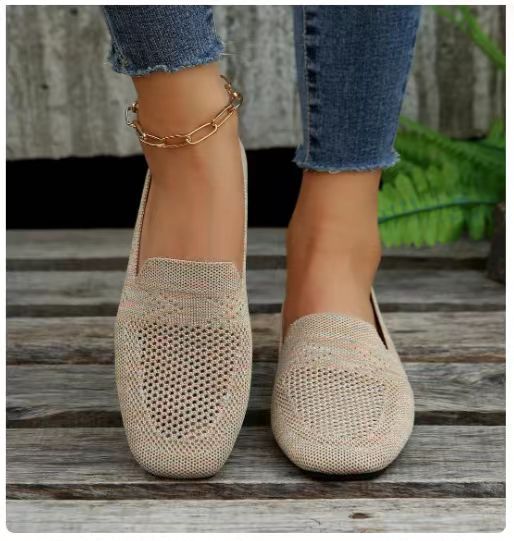 Square Toe Flat Bottom Flying Woven Pumps Female Slip-on Casual Shoes