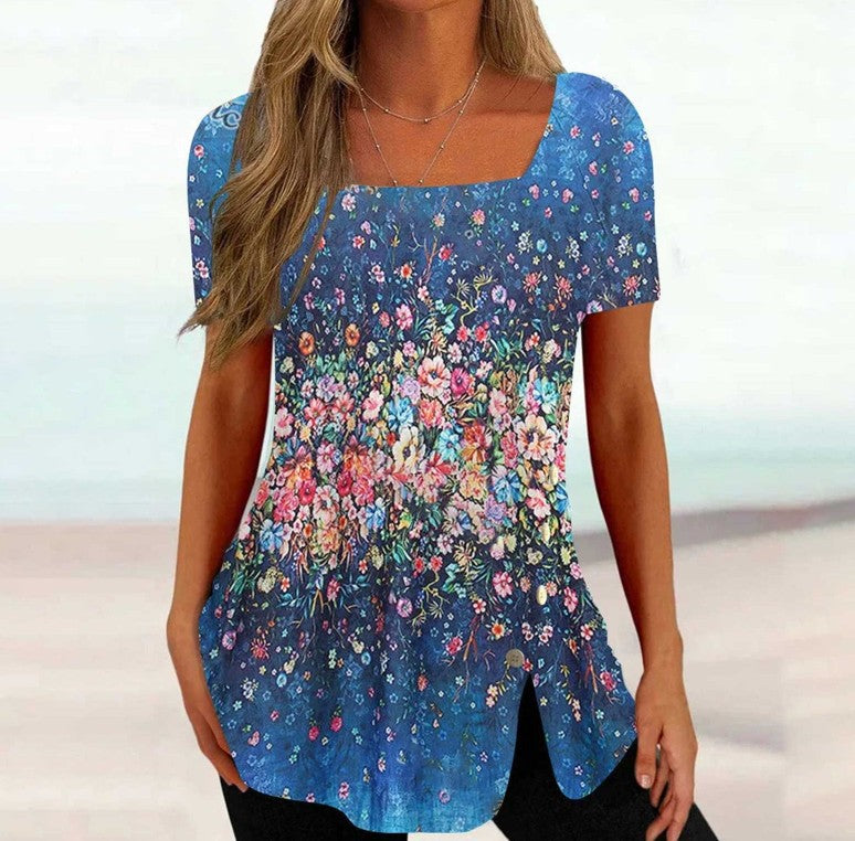 Cross-border New Print Short Sleeve Irregular Button Split Printed Women's T-shirt