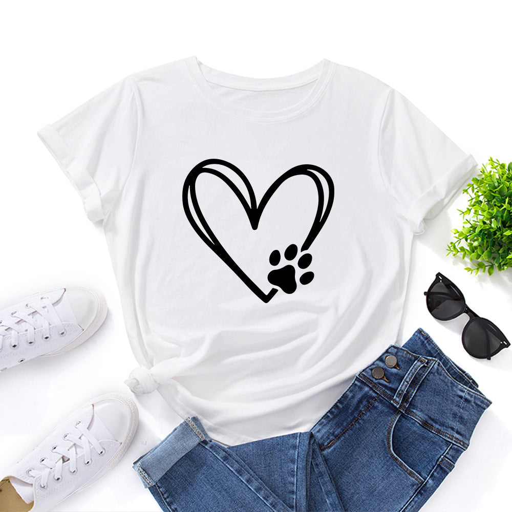 Women's Loose Round Neck Short Sleeve T-shirt With Heart-shaped Palm Print