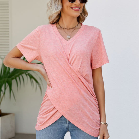 Summer Women's Twisted Top V-neck Casual Short-sleeved T-shirt