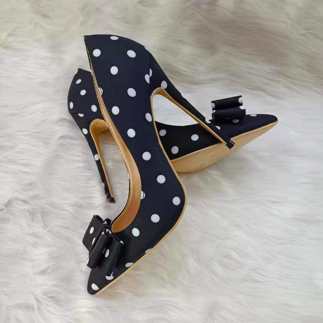 Black Satin Polka-dot High-heeled Shoes Female  Stiletto Pointed Shallow Mouth Single Shoes