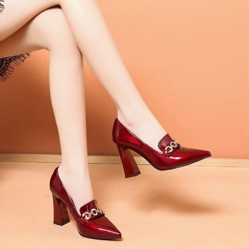 Fashion Leather All-match Thick Heel High Female Pointed Toe Shoes