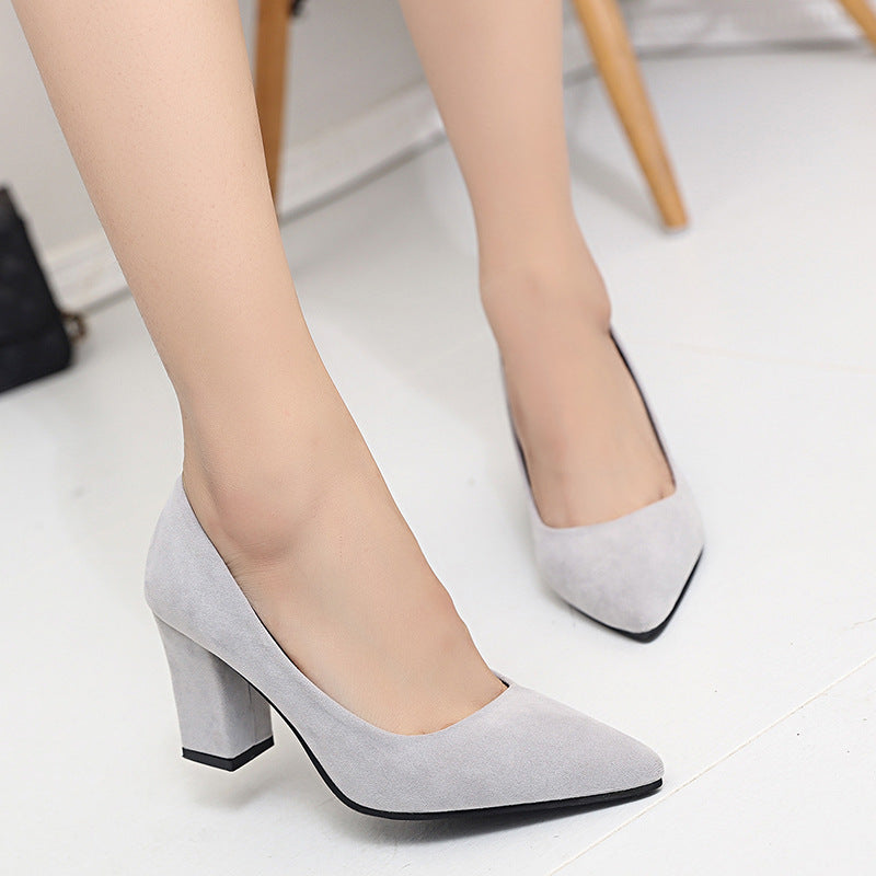 spring new Korean female grey lady shoes shallow pointed high-heeled shoes with thick shoes with all-match