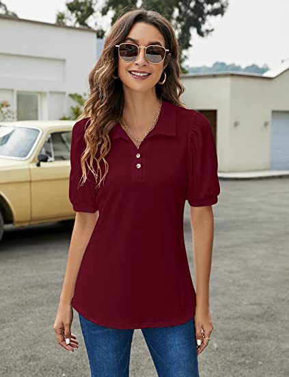 Shirt Button Down Neck Puff Sleeve Loose T Shirt Shirt