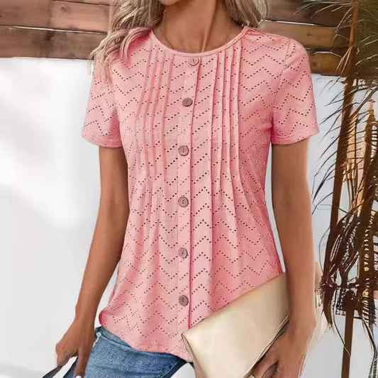 Women's Solid Color Hollow-out Pleated Fake Button Round Neck T-shirt