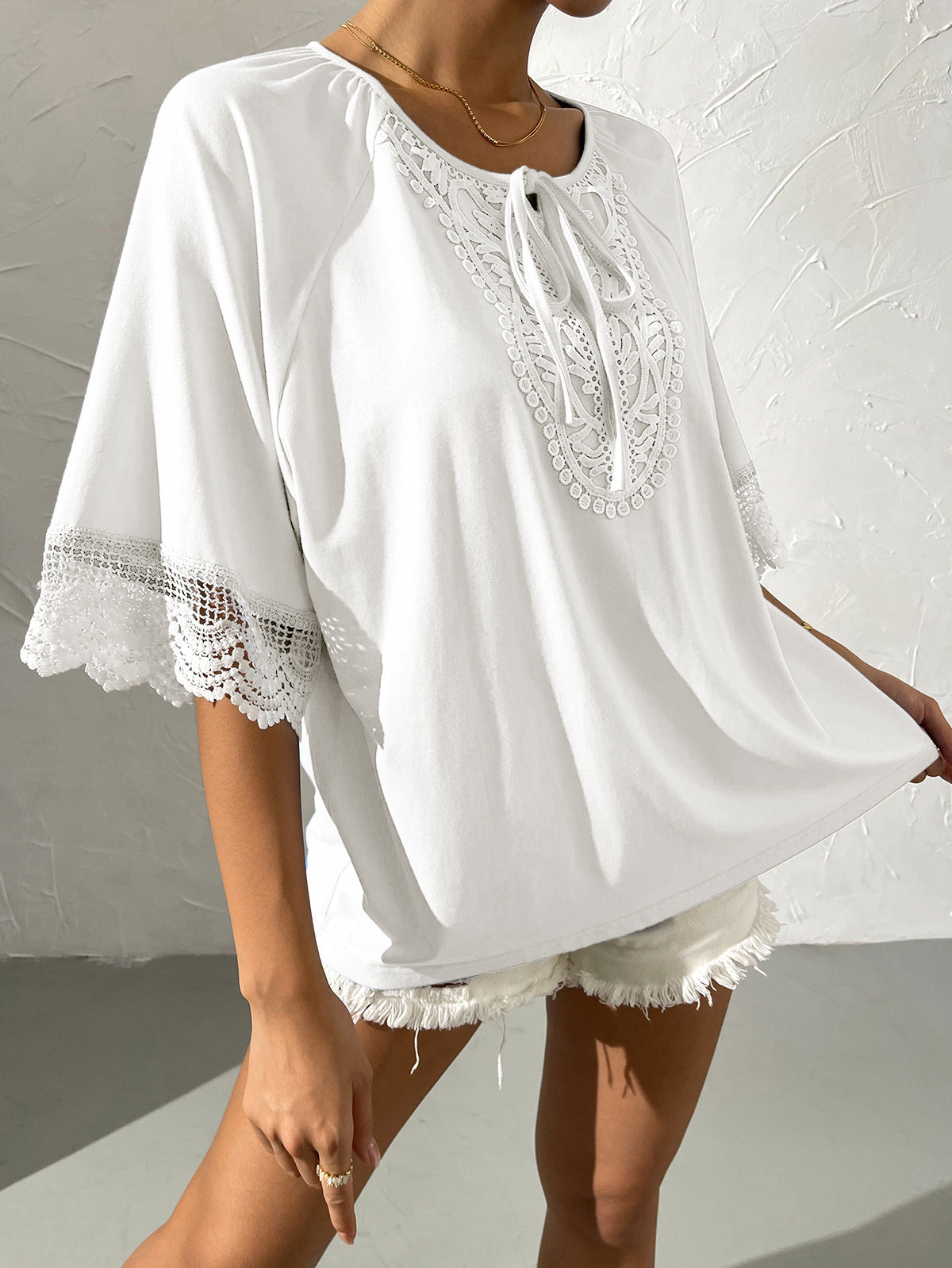 Ethnic Wind Tie Collar Lace Stitching Loose Short Sleeve