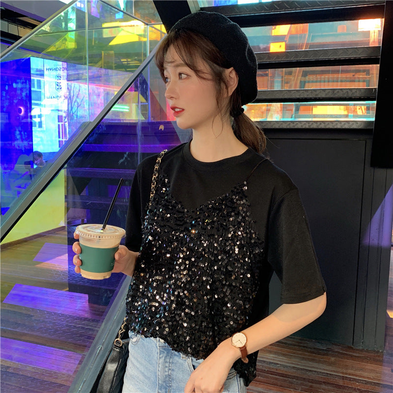 Sequined Korean-style Short-sleeved T-shirt False Two-piece Patchwork Loose All-matching Top