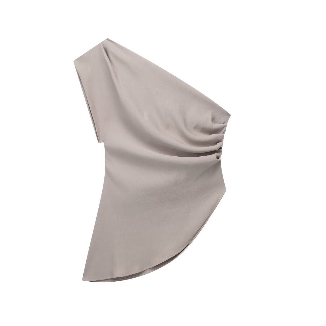 European And American Style Diagonal Collar Single Shoulder Solid Color Pleated Asymmetric