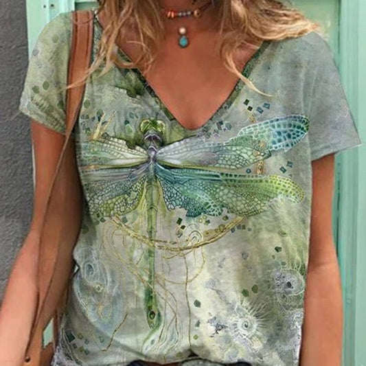 Women's V-Neck Dragonfly Print Casual T-Shirt