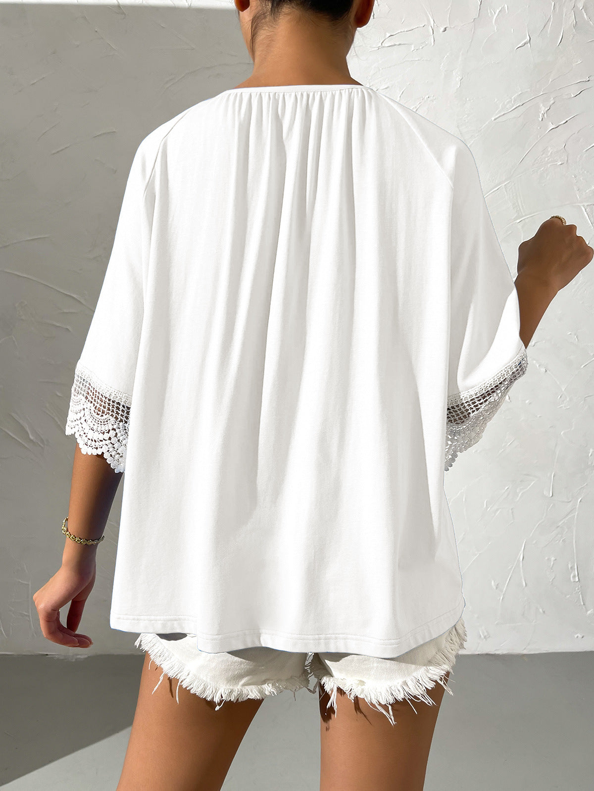 Ethnic Wind Tie Collar Lace Stitching Loose Short Sleeve